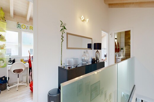 kitchen with beam ceiling and open shelves
