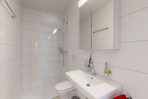 salle de bains avec toilette, miroir, douche, salle de bain complète, et inside property
