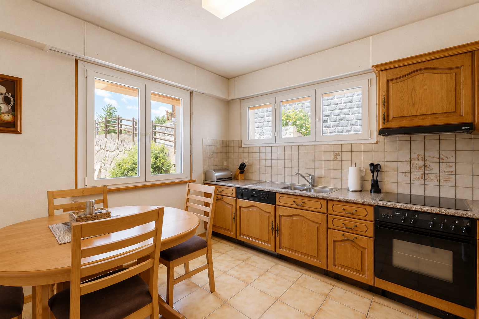 cuisine avec arched cabinets, armoires en arc, medium brown cabinets, armoires marron moyen, et four