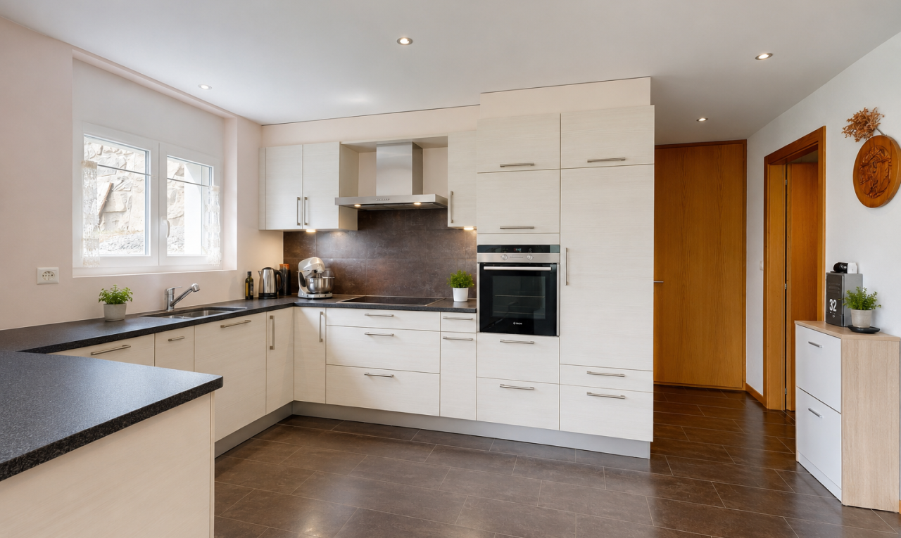 cuisine avec dark floor, plans de travail, dark countertops, four, et hotte