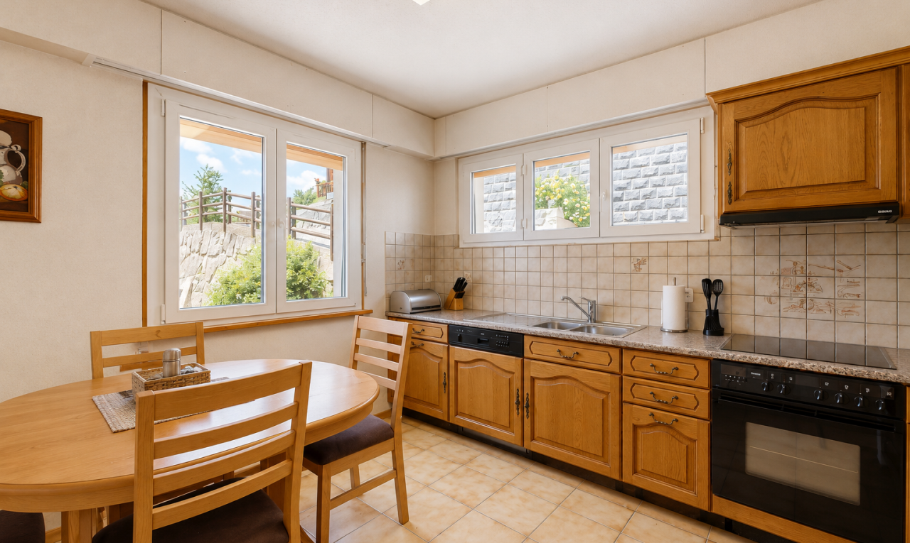 cuisine avec arched cabinets, armoires en arc, medium brown cabinets, armoires marron moyen, et four