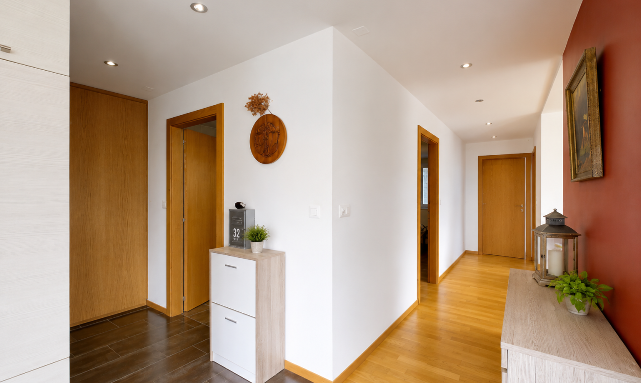 couloir avec sol en finition bois, wood finish floor, éclairage encastré, recessed lighting, et cloison sèche