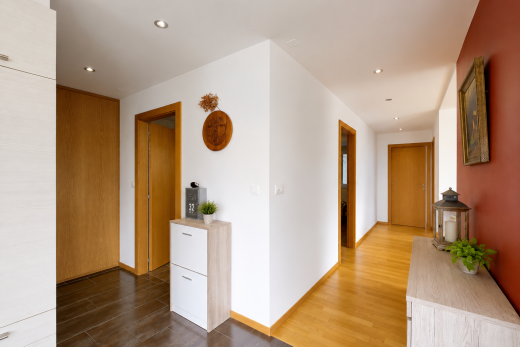 couloir avec sol en finition bois, wood finish floor, éclairage encastré, recessed lighting, et cloison sèche