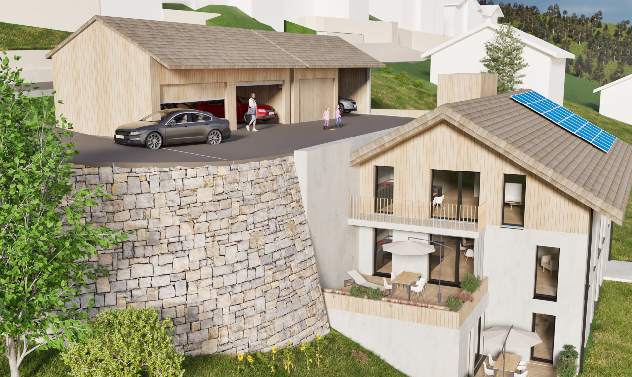 außenansicht mit vertikale verkleidung, rendered, und drone view