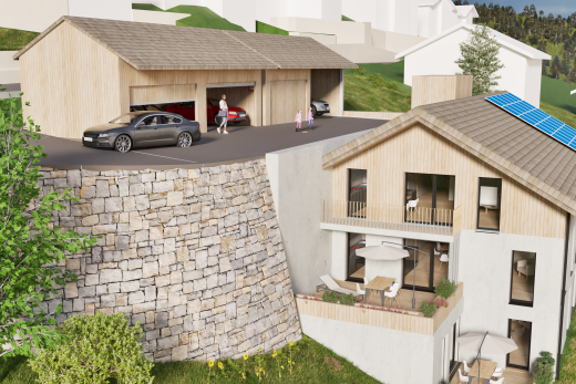 außenansicht mit vertikale verkleidung, rendered, und drone view
