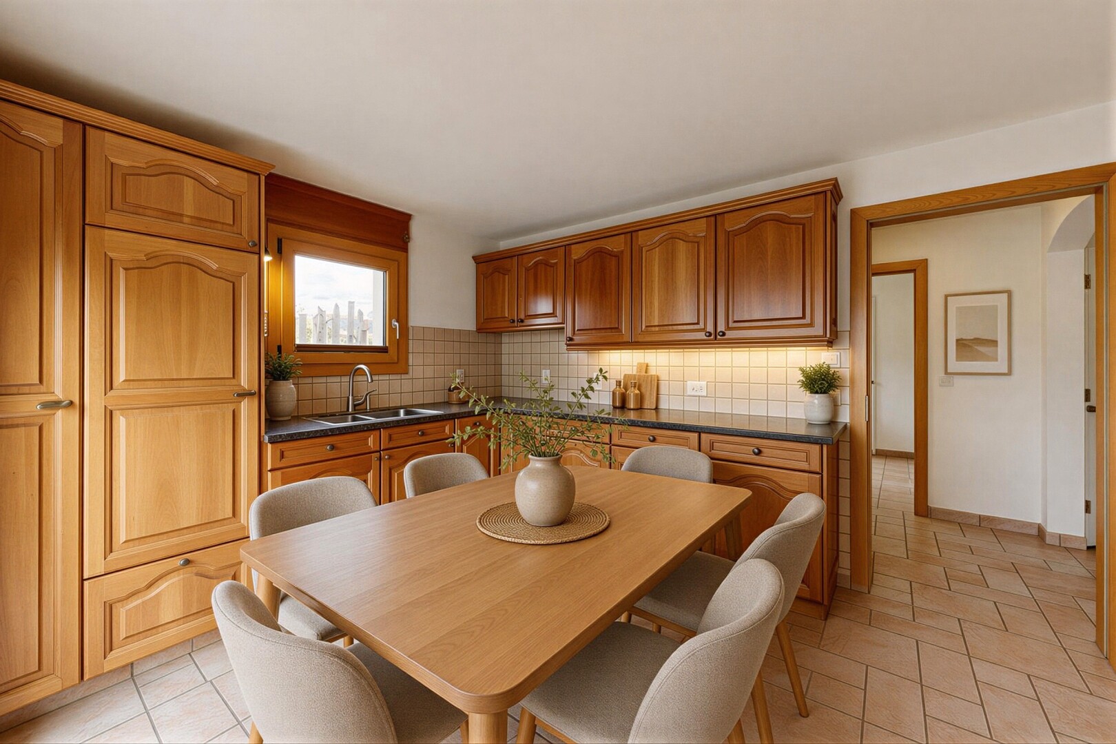 cuisine avec light floor, arched cabinets, armoires en arc, raised cabinets, et armoires élevées