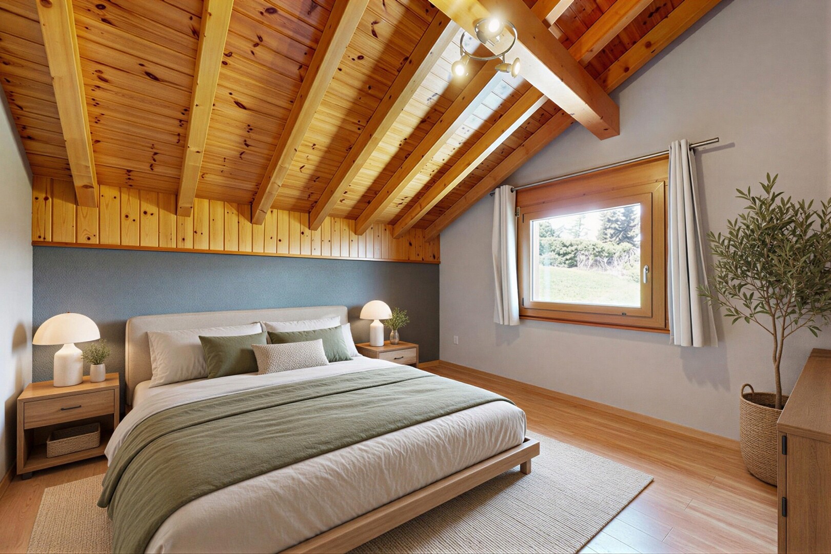 chambre avec plafond à poutres, beamed ceiling, inside property, lumière naturelle, et natural light