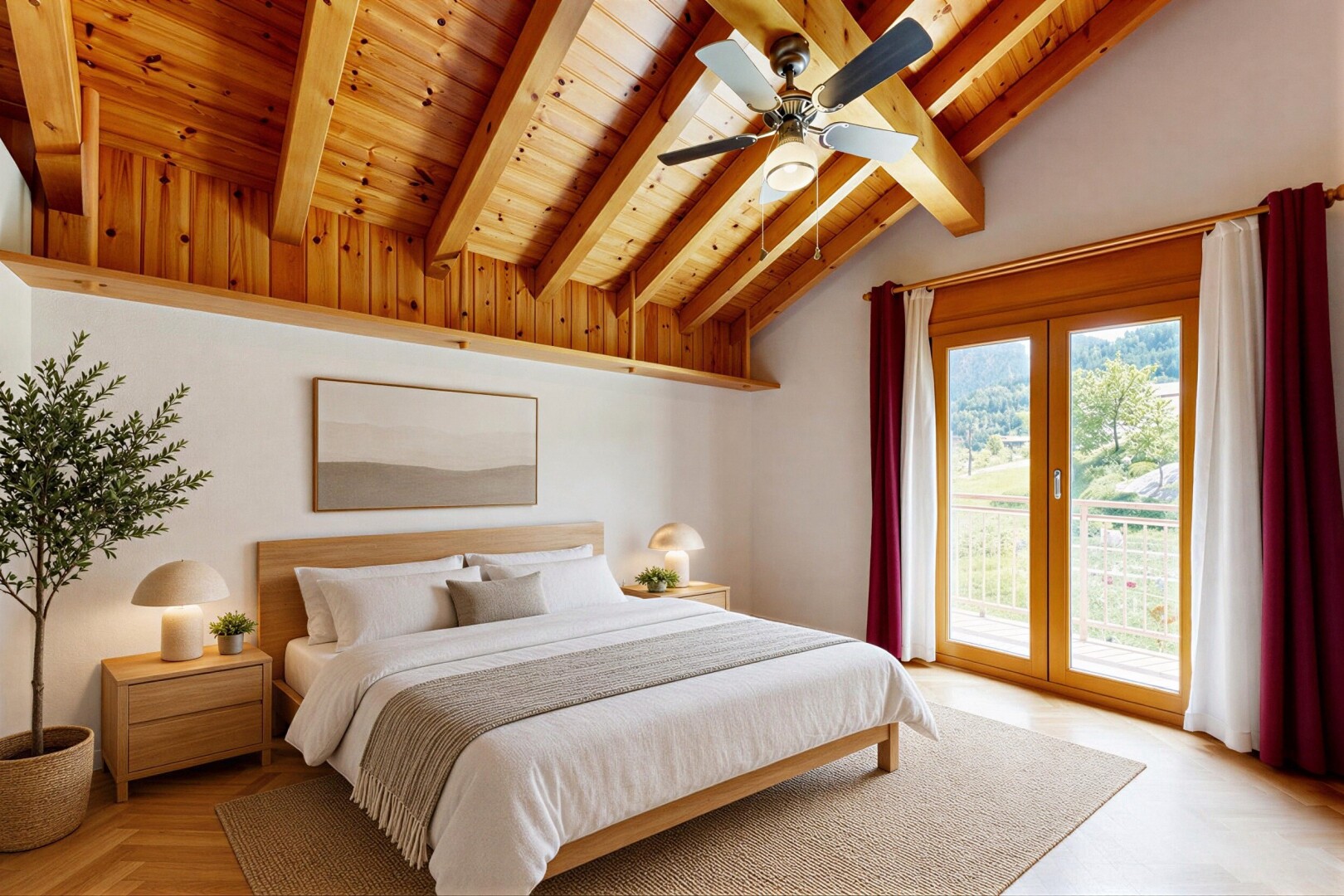 chambre avec portes-fenêtres, plafond à poutres, beamed ceiling, inside property, et accès à l'extérieur