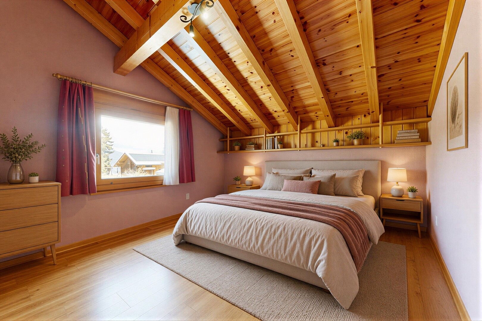 chambre avec plafond à poutres, beamed ceiling, lumière naturelle, natural light, et sol en finition bois