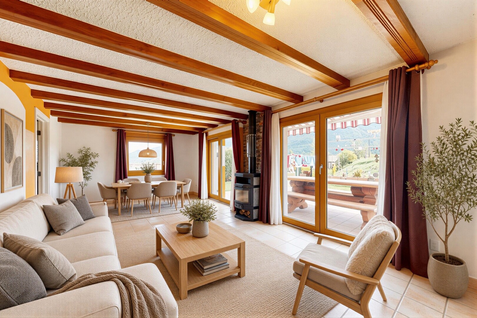 salon avec inside property, lumière naturelle, natural light, télévision, et plafond à poutres