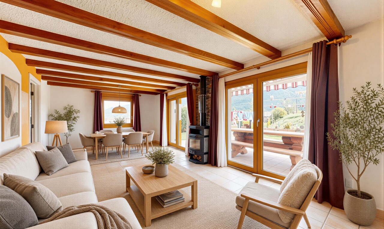 salon avec inside property, lumière naturelle, natural light, télévision, et plafond à poutres