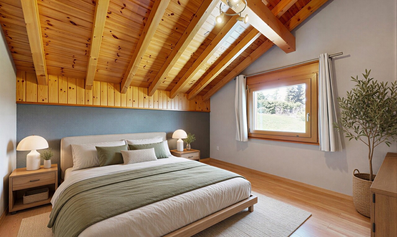 chambre avec plafond à poutres, beamed ceiling, inside property, lumière naturelle, et natural light