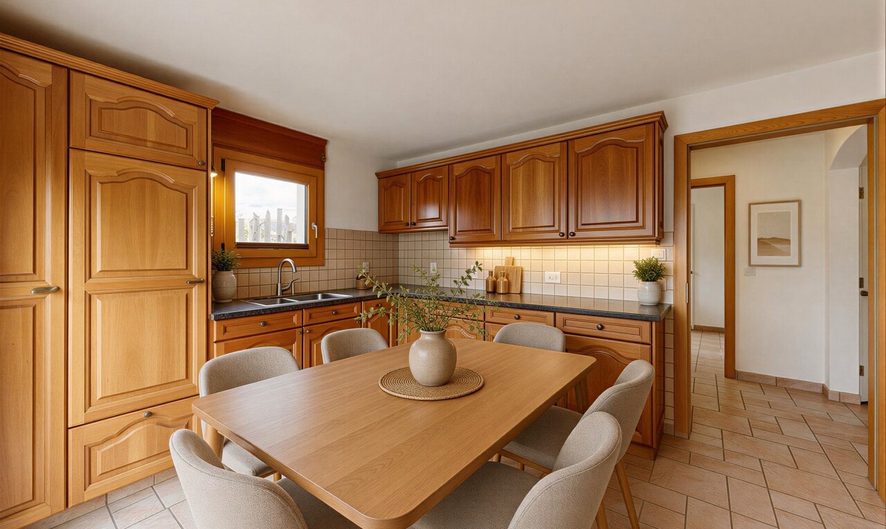 cuisine avec light floor, arched cabinets, armoires en arc, raised cabinets, et armoires élevées
