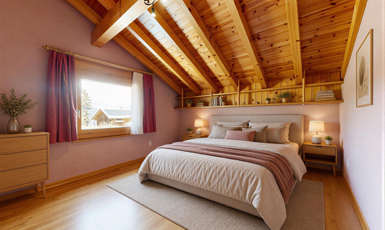 chambre avec plafond à poutres, beamed ceiling, lumière naturelle, natural light, et sol en finition bois