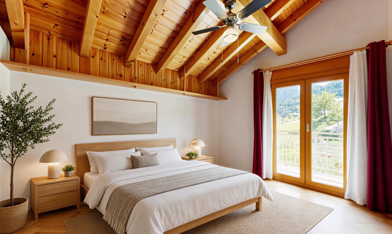 chambre avec portes-fenêtres, plafond à poutres, beamed ceiling, inside property, et accès à l'extérieur