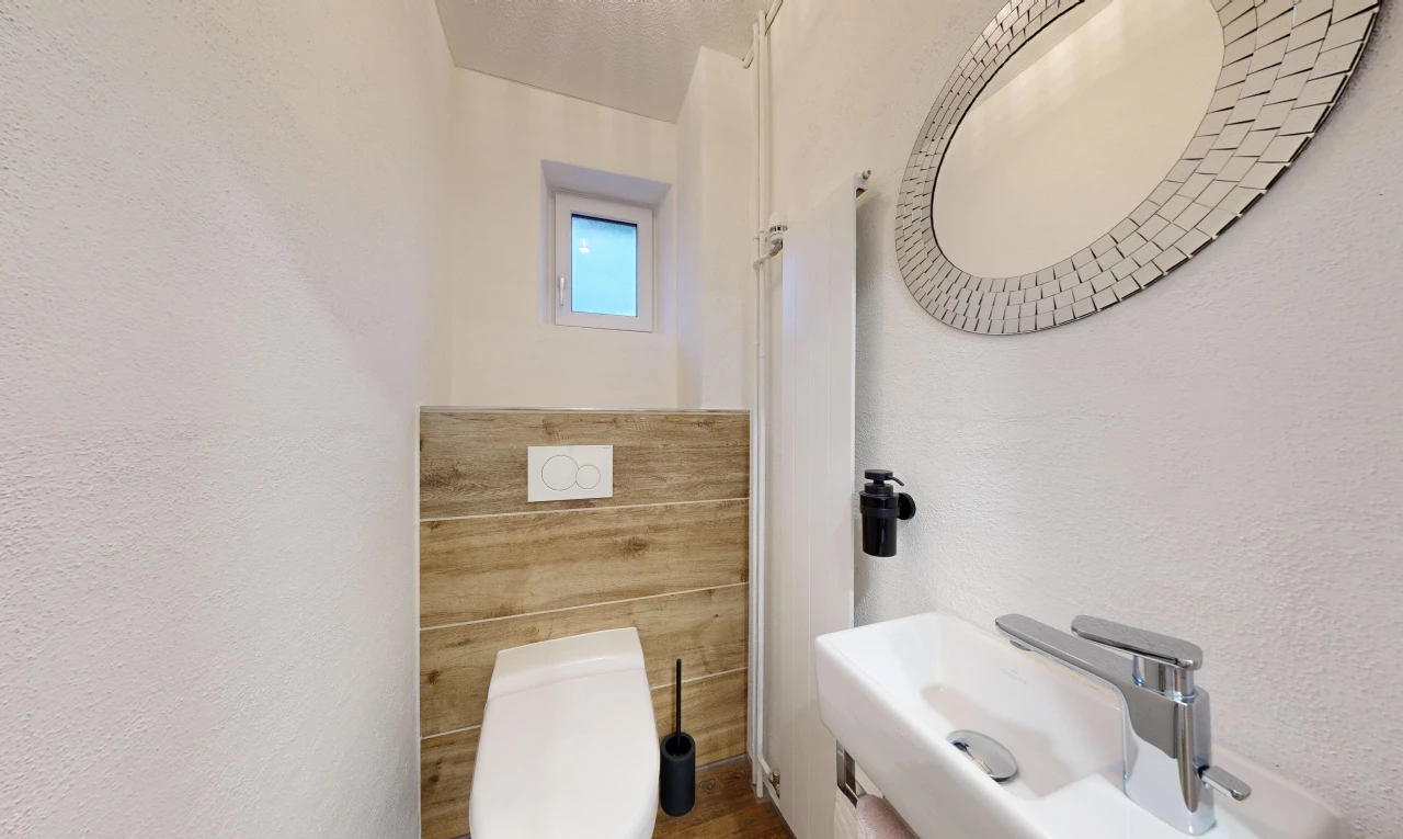 bad mit spiegel, waschbecken, inside property, und gäste-wc