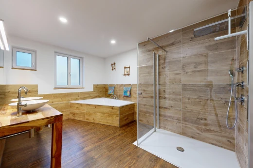 bad mit dusche, komplettes badezimmer, bad, schminktisch, und drywall