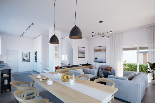 wohn- / esszimmer mit track lighting, deckenbeleuchtung, natural light, natürliches licht, und inside property