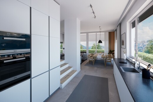 küche mit schränke mit flachen paneelen, waschbecken, weiße schränke, natural light, und natürliches licht