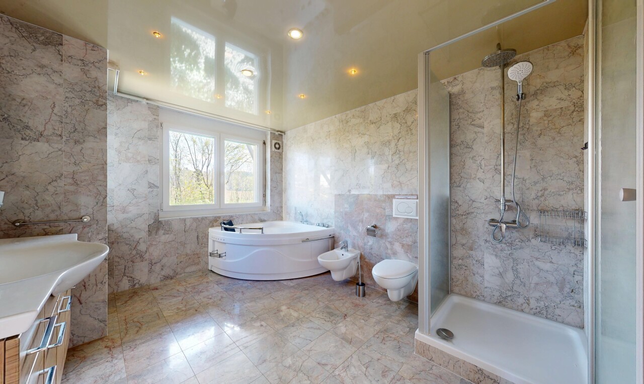 full bathroom with a stall shower, vanity, a garden tub, a bidet, and tile walls