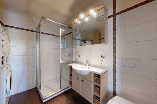 salle de bains avec dark floor, salle de bain complète, douche, tile wall, et mur en carrelage
