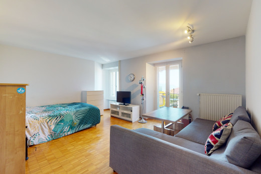 hartholzbodenschlafzimmer mit natürlichen licht, fernseher und kühler