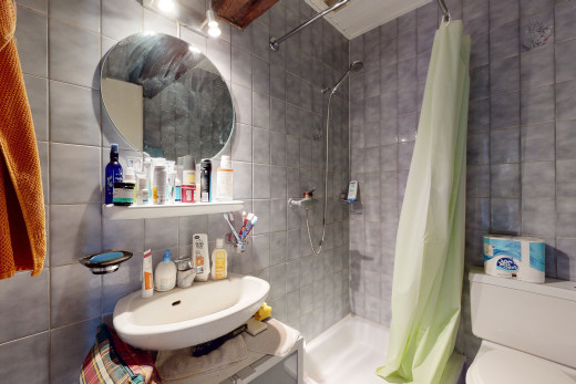 badezimmer mit sinken, spiegel, dusche, toilette, und duschvorhang