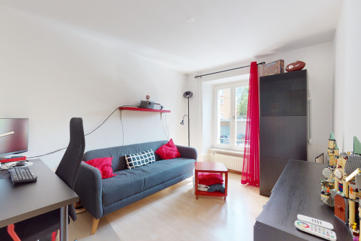 wohnzimmer mit natürlichem licht, fernseher und kühler