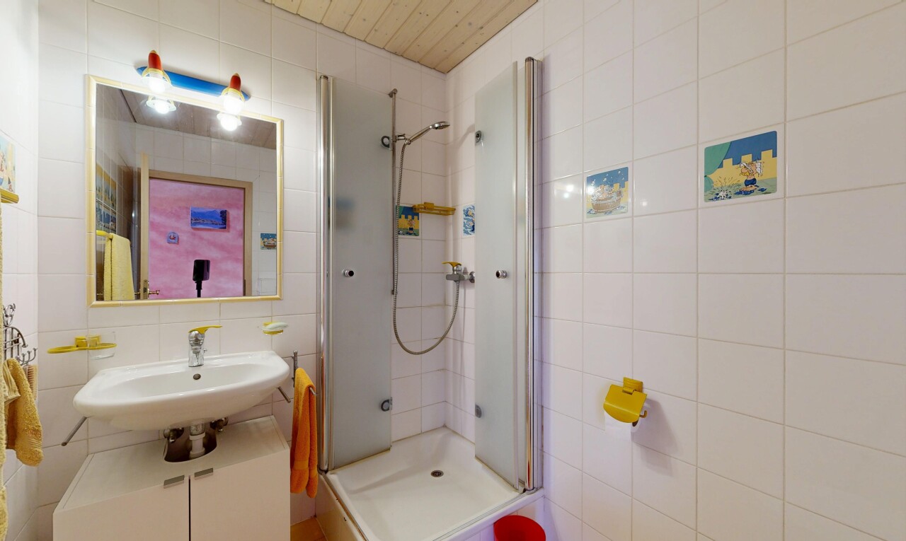 salle de bains avec mur en carrelage, tile wall, douche, miroir, et salle de bain complète