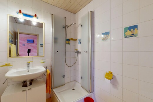 salle de bains avec mur en carrelage, tile wall, douche, miroir, et salle de bain complète