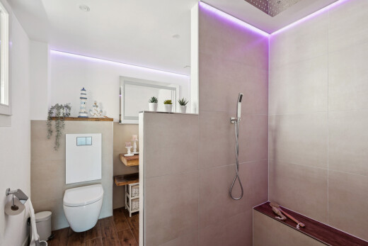 bad mit dusche, komplettes badezimmer, wood finish floor, holzfußboden, und inside property