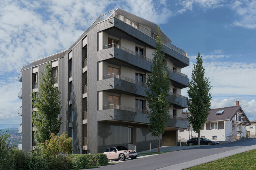 außenansicht mit day time, apartment complex view, blick auf wohnanlage, und rendered