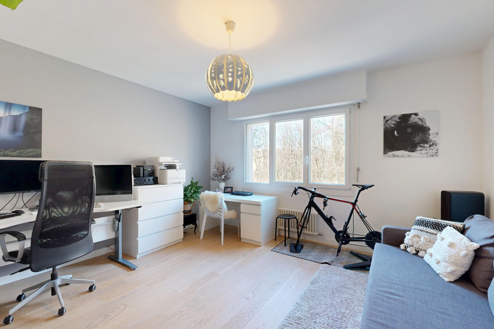 büro mit bürobereich, fernseher, wood finish floor, holzfußboden, und drywall