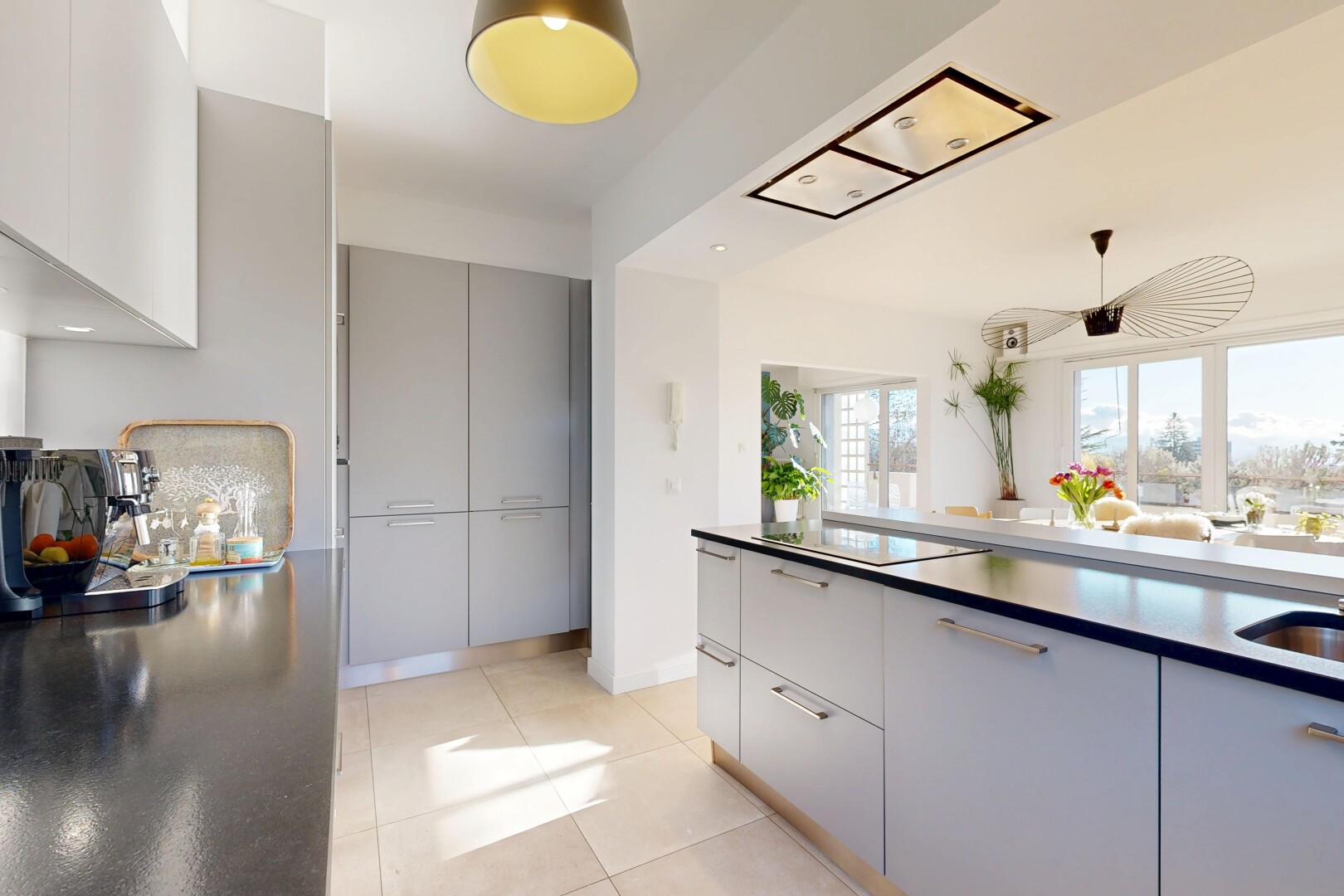 küche mit inside property, schränke mit flachen paneelen, graue schränke, natural light, und natürliches licht