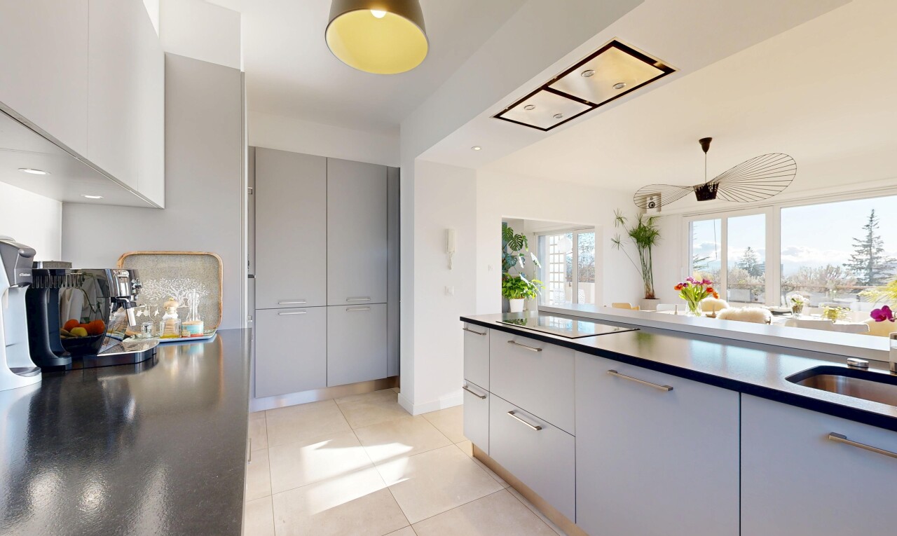 küche mit inside property, schränke mit flachen paneelen, graue schränke, natural light, und natürliches licht