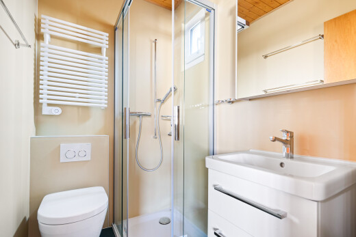 salle de bains avec lavabo (ou coiffeuse selon le contexte), radiateur, douche, salle de bain complète, et inside property
