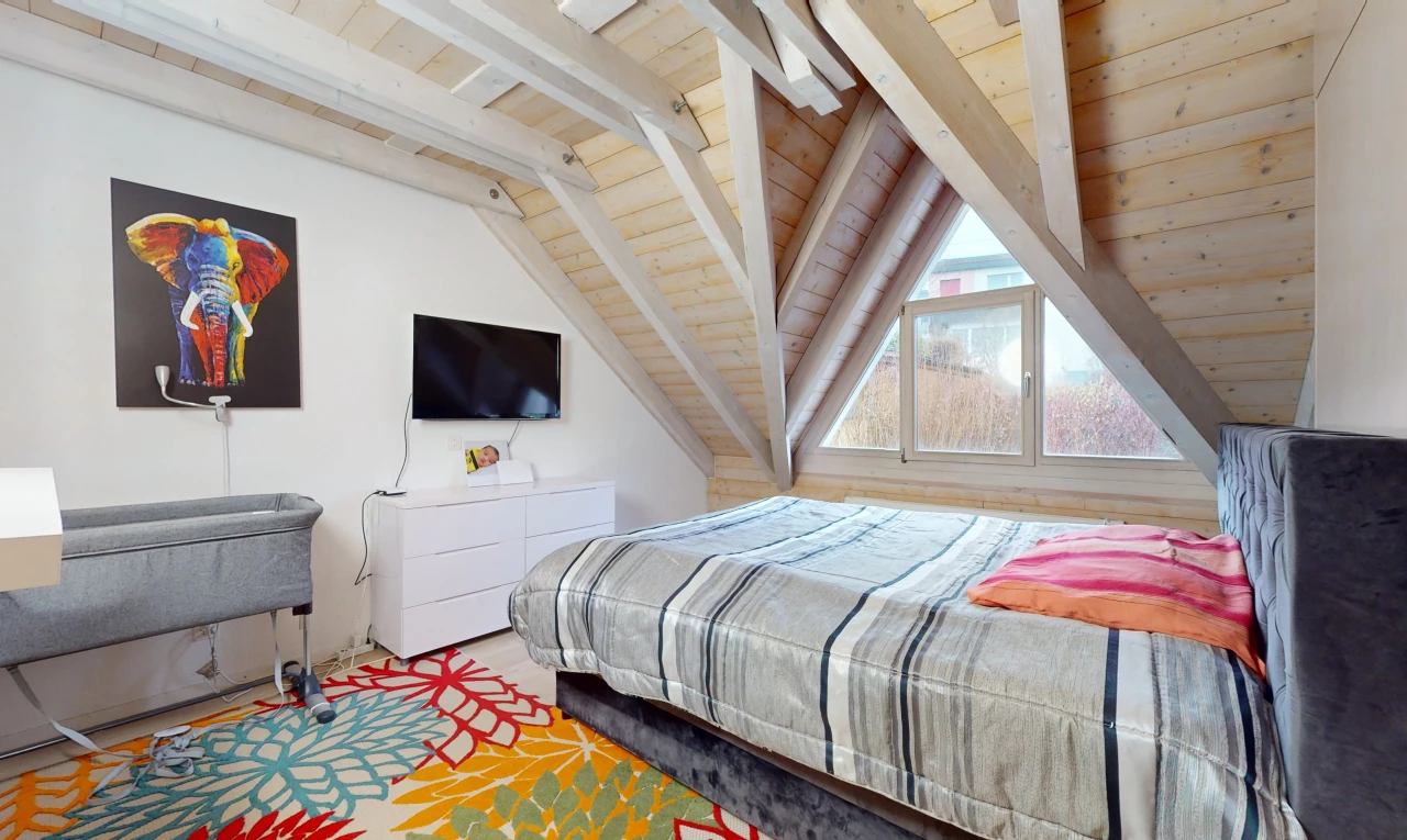 room / bedroom with lofted ceiling with beams and wooden ceiling