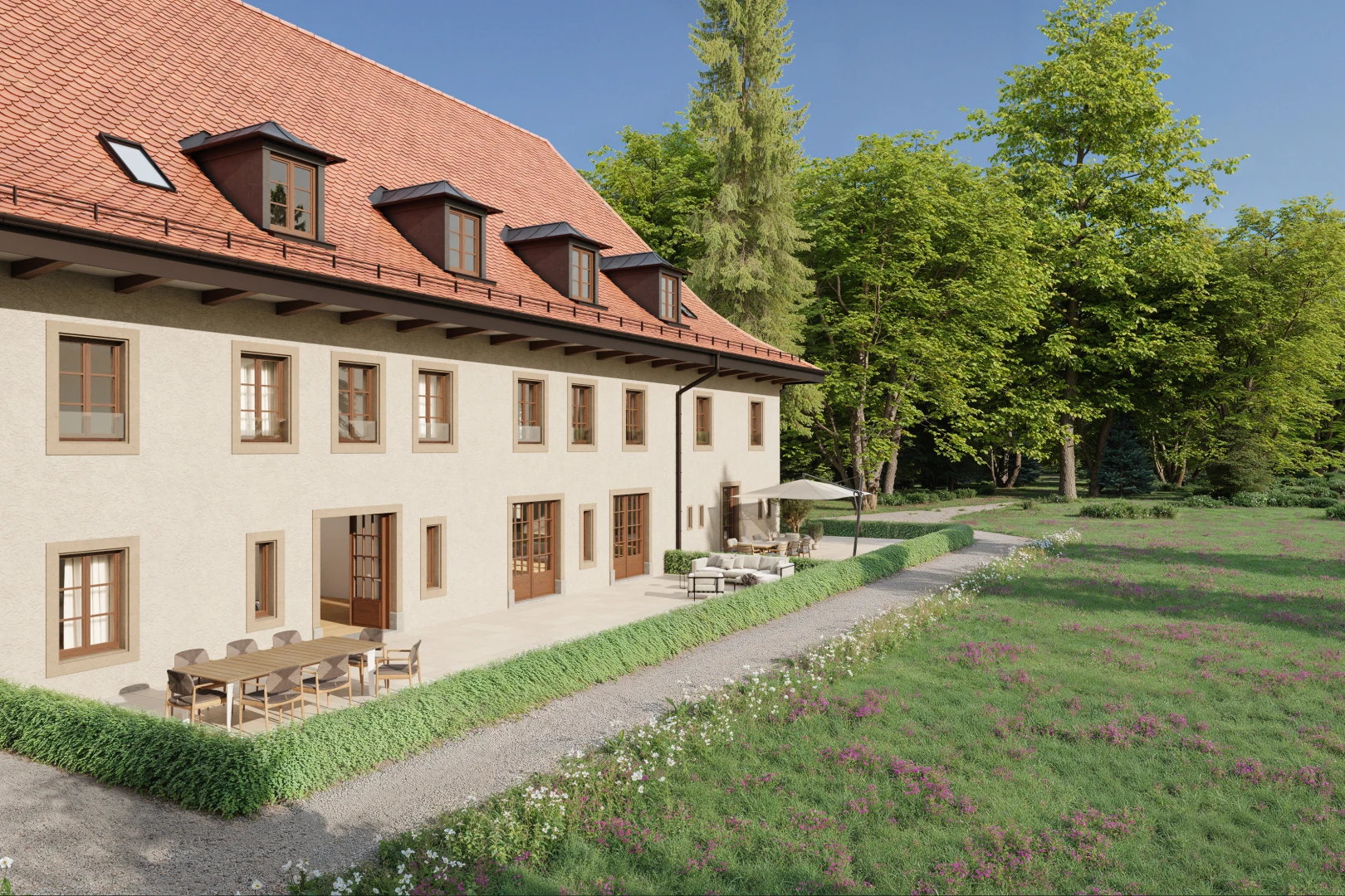 façade avec terrasse, bardage en stuc, pelouse, et toit mansardé