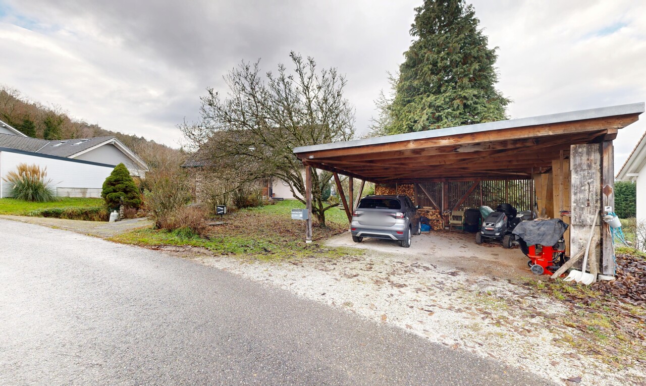 façade avec overcast, abri de voiture, et allée