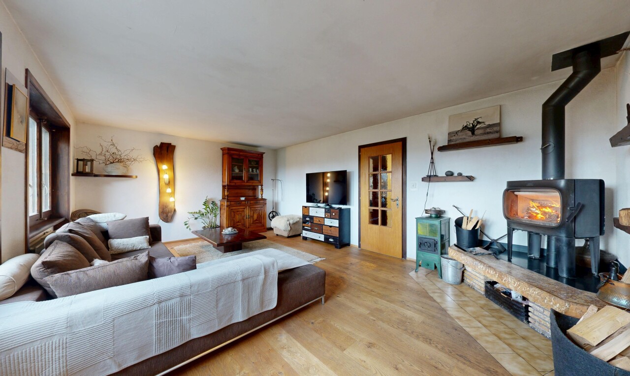 salon avec poêle à bois, télévision, sol en finition bois, wood finish floor, et inside property