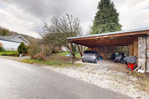 façade avec overcast, abri de voiture, et allée