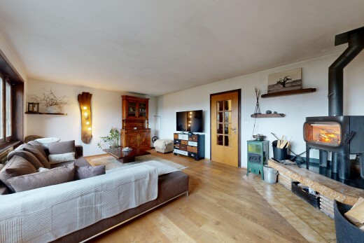salon avec poêle à bois, télévision, sol en finition bois, wood finish floor, et inside property