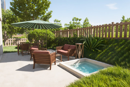 schwimmbad mit terrasse, whirlpool, und zaun