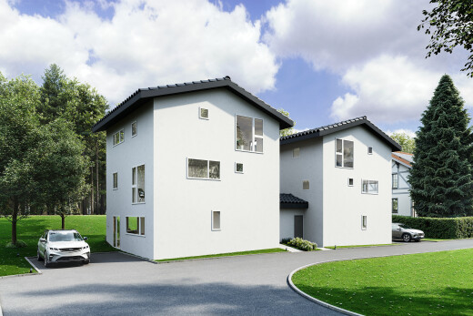 façade avec property visible, day time, bardage en stuc, pelouse, et rendered
