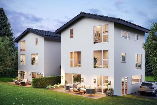 außenansicht mit wohnraum im freien, property visible, stuckverkleidung, rasen, und rendered