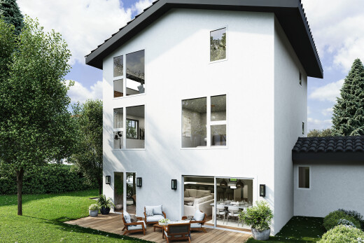 façade avec property visible, bardage en stuc, espace de vie extérieur, terrasse, et rendered