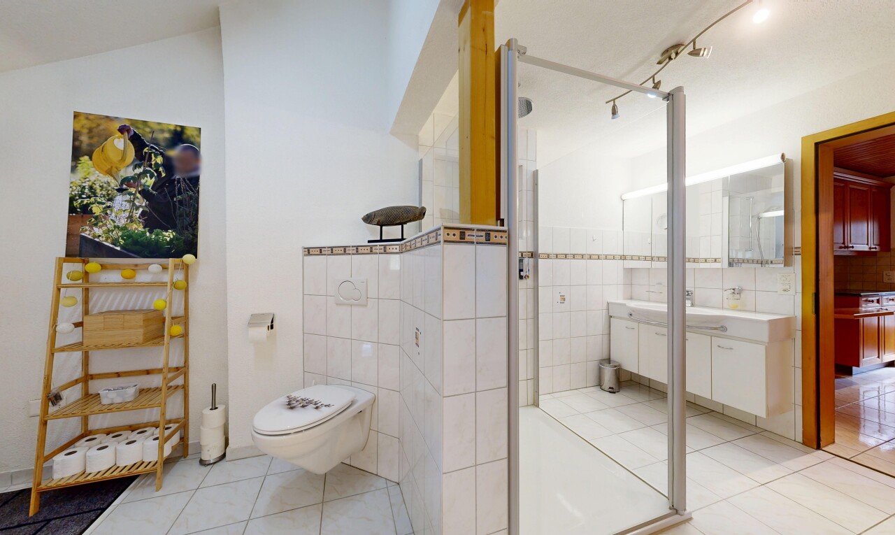 salle de bains avec salle de bain complète, sol en carrelage, tile floor, douche, et light floor