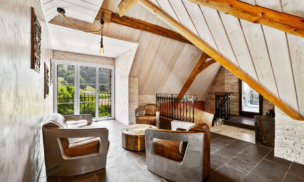 salon avec plafond voûté, vaulted ceiling, lumière naturelle, natural light, et inside property