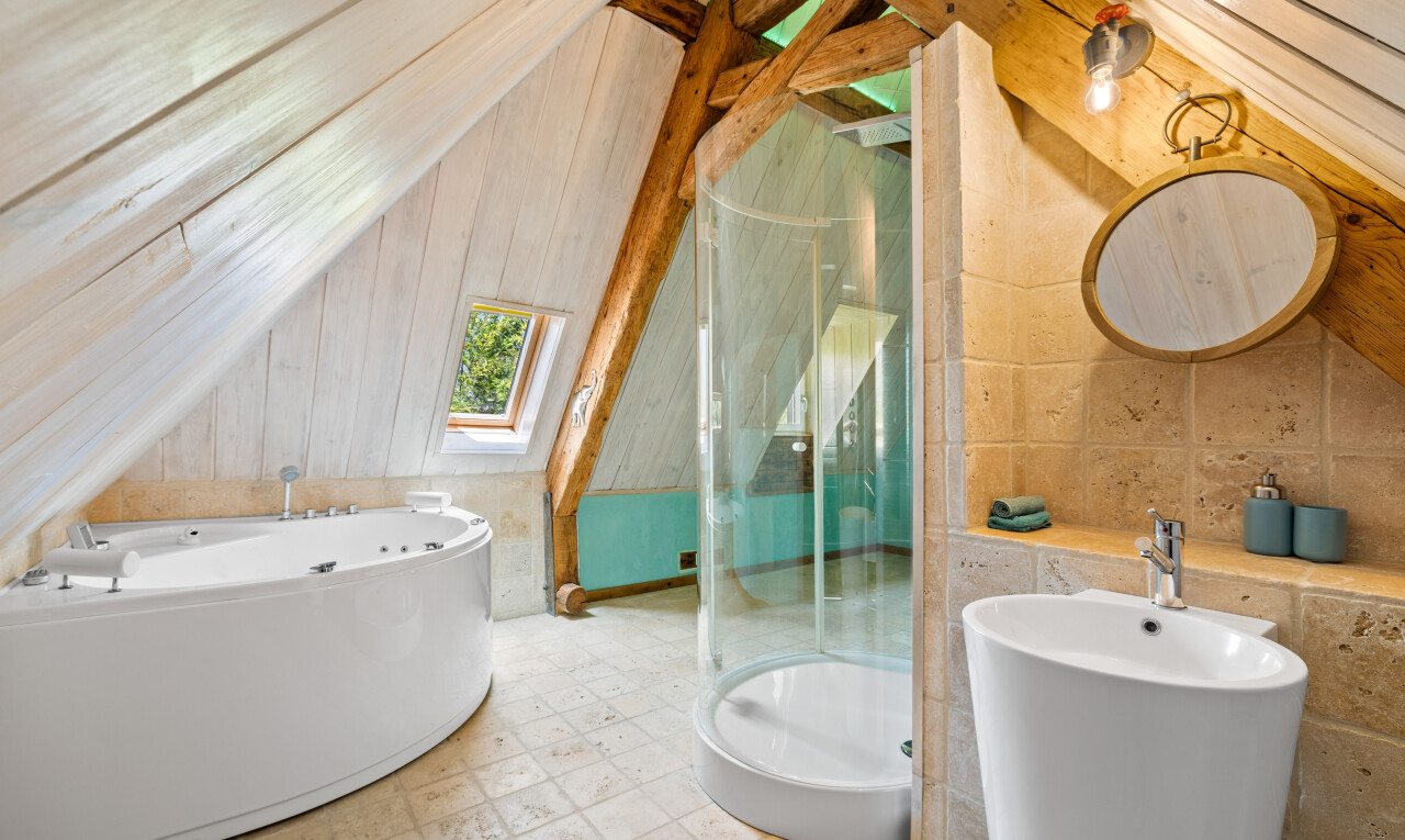 salle de bains avec plafond voûté, vaulted ceiling, lumière naturelle, natural light, et douche