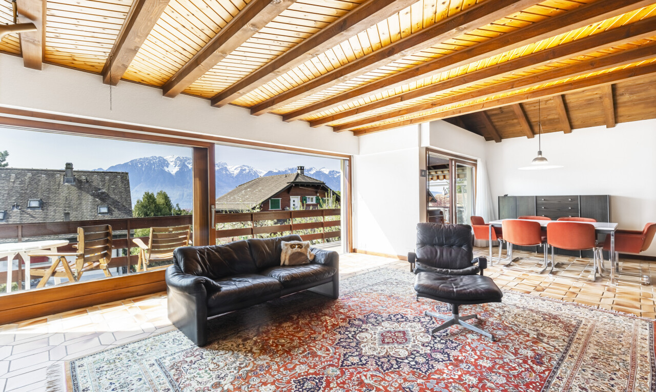 salon avec mountain view, vue sur la montagne, lumière naturelle, natural light, et plafond en bois